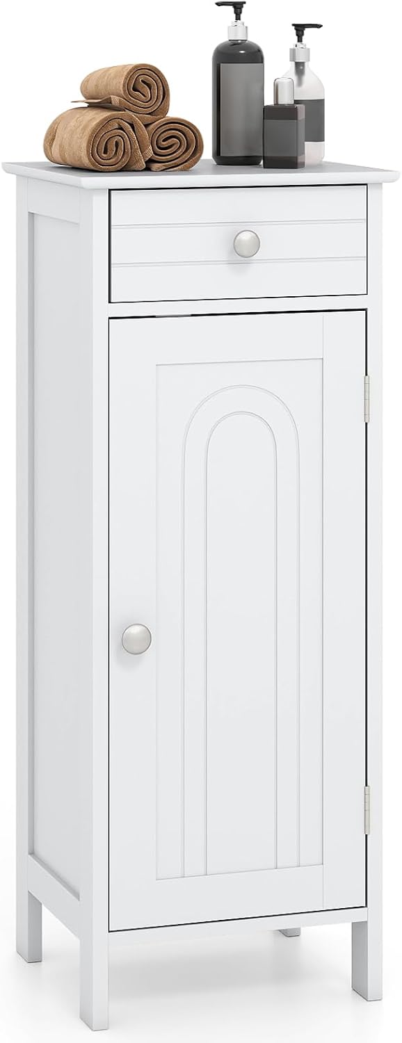Giantex 34.5" Bathroom Cabinet with Drawer & Single Door (White) | Narrow Side Storage Organizer with 6 Shelf Positions, Freestanding Floor Storage Cabinet for Bathroom, Living Room, Entryway