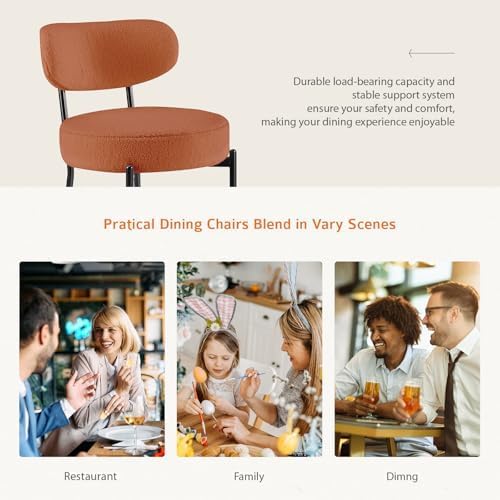 DUMOS Dining Chairs Set of 4, Mid Century Modern Chair Round Upholstered Curved Backrest, Kitchen Vanity Living Room Chairs with Black Metal Legs, Orange