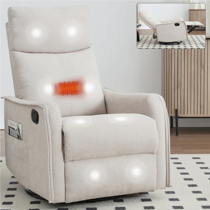 360 Swivel Rocker Recliner Chair for Adults with Heat Massage Function Adjustable Backrest Footrest Glider Reclining Chair for Bedroom Living Room Office