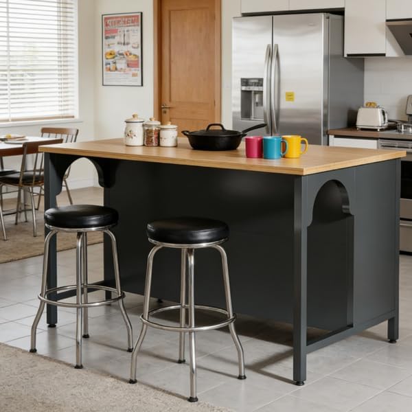 Kitchen Island with Open Shelves, Black and Natural Wood Top | 3-Tier Storage...