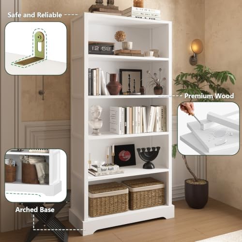 TVU 5 Tiers Wooden Bookshelf, 65.2" Tall Farmhouse Style Open Bookcase, ...