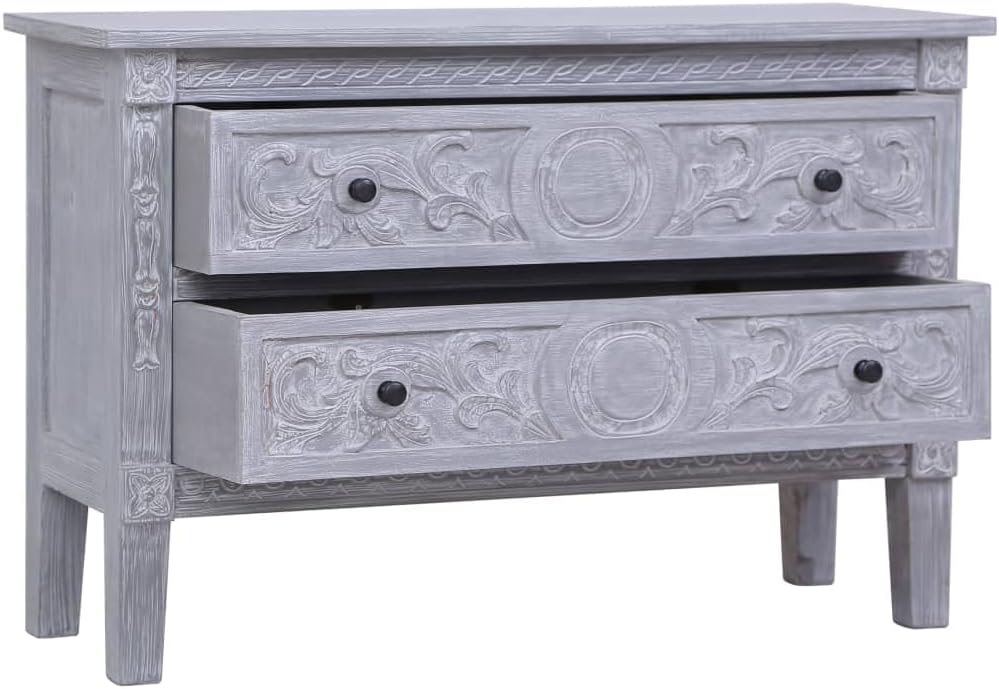 Mid-Century Modern Sideboard with Grey Wash Finish Solid Mahogany Wood Two Drawers for Dining Room Living Room Office Storage