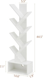 Hoctieon 6 Tier Tree Bookshelf, Tall Bookcase with Drawer, Freestanding Book Shelf, Display Floor Standing Storage Shelf, Book Organizer Shelves for Home Office, Living Room, Bedroom, White