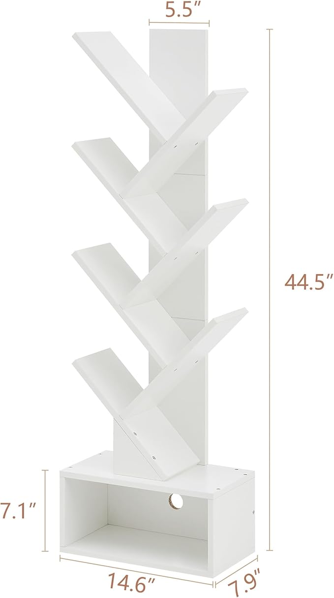 Hoctieon 6 Tier Tree Bookshelf, Tall Bookcase with Drawer, Freestanding Book Shelf, Display Floor Standing Storage Shelf, Book Organizer Shelves for Home Office, Living Room, Bedroom, White