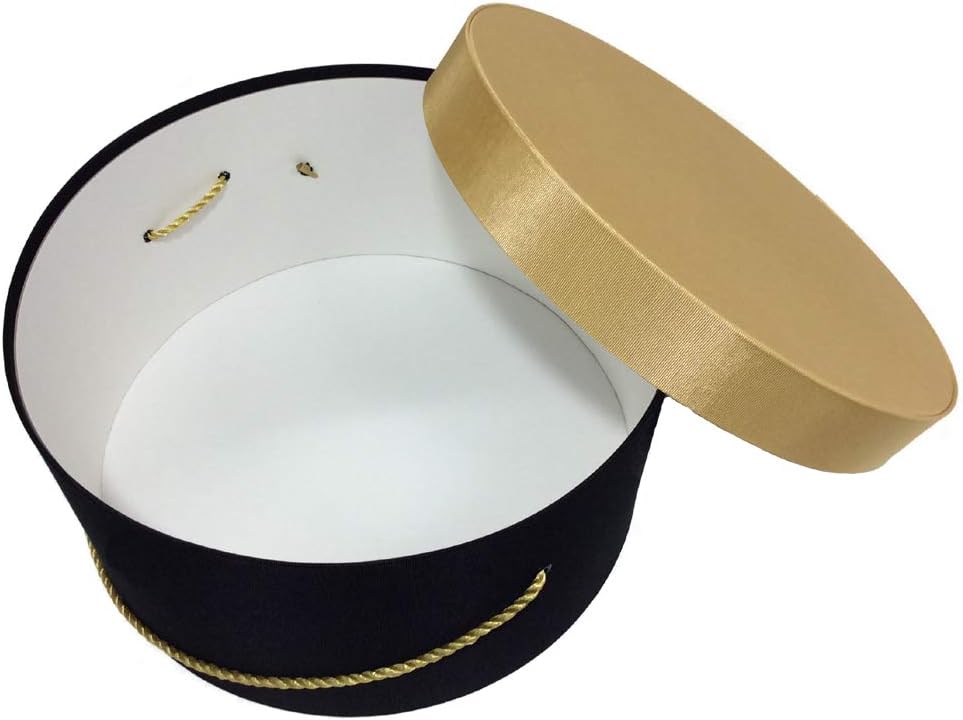 Sarah's Hat Boxes Classic Black/Gold Hat Box – 12.75" x 6.5" (Dia. x Ht.) Handmade in USA – Odorless Non-Toxic Adhesive, Cording Handle – Premium Storage for Hats & Accessories