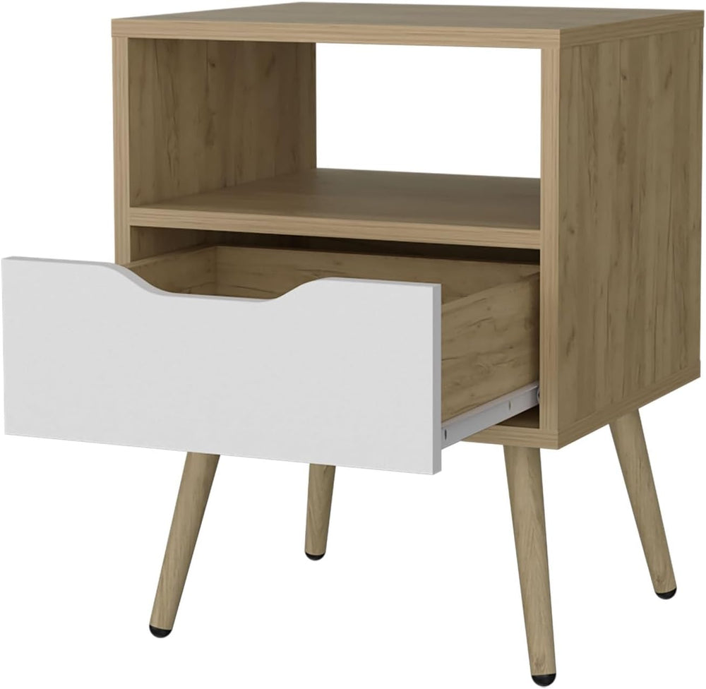 Nightstand with Open Storage, Natural Oak and White,for Small Spaces