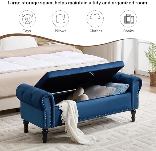 Storage Bench for Bedroom, 51" Upholstered End of Bed Bench, Velvet Quee...