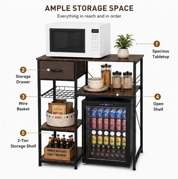 VINGLI Bakers Racks for Kitchens with Storage Mini Fridge Stand Bar Cabinet with Mini Fridge Space, Big Drawer, Wine Rack, Metal Frame Industrial Workstation Microwave Oven Stand 4-Tiers