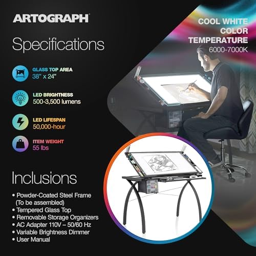 Artograph Futura Light Tracing Table with Storage Drawers, Charcoal Black