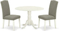 East West Furniture DLEN3-LWH-06 3 Piece Modern Dining Table Set Contains a Round Wooden Table with Dropleaf and 2 Dark Shitake Linen Fabric Parson Dining Chairs, 42x42 Inch, Linen White