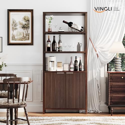 VINGLI Bookcase with Fluted Doors, 71" Wood Storage Cabinet with Adjusta...