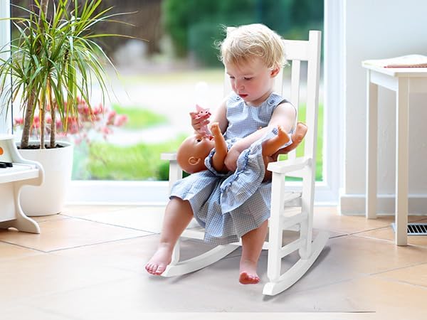 Bonnlo Kids Rocking Chair, Wooden Rocker with Classic Design, Solid Hardwood Construction, Indoor Nursery Furniture for Reading, Eating, Playing, Classroom and Bedroom (White)