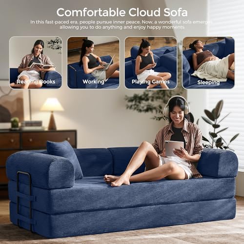 79" Convertible Futon Sofa Bed, Couch for Living Room | Blue | Folding C...