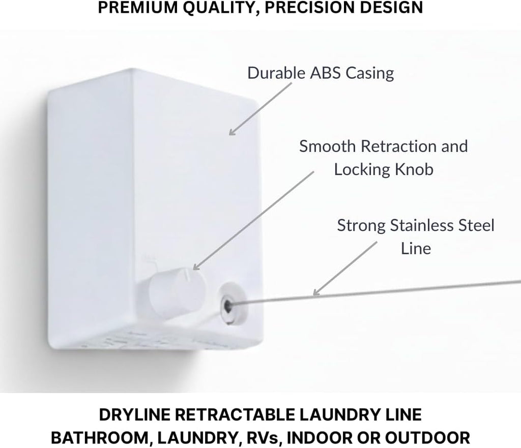 Dryline Retractable Clothesline, White, Indoor Outdoor Wall Mounted Drying Rack, 15kg Weight Capacity, 4.2m Length, for Laundry Room, RV, Bathroom