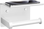 Tindbea Toilet Paper Holder with Phone Shelf, Adhesive or Screw Wall Mount Toilet Tissue Roll Holder, Rustproof & Multifunctional Stainless Steel Bathroom Storage Dispenser (White)