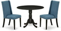 East West Furniture DLFL3-BLK-21 3 Piece Kitchen Table Set Contains a Round Dining Room Table with Dropleaf and 2 Blue Linen Fabric Upholstered Chairs, 42x42 Inch, Black