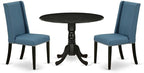 East West Furniture DLFL3-BLK-21 3 Piece Kitchen Table Set Contains a Round Dining Room Table with Dropleaf and 2 Blue Linen Fabric Upholstered Chairs, 42x42 Inch, Black