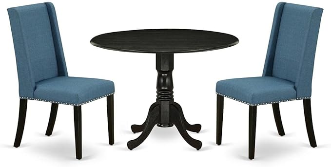 East West Furniture DLFL3-ABK-21 3 Piece Dining Room Table Set Contains a Round Kitchen Table with Dropleaf and 2 Blue Linen Fabric Parsons Dining Chairs, 42x42 Inch, Wirebrushed Black