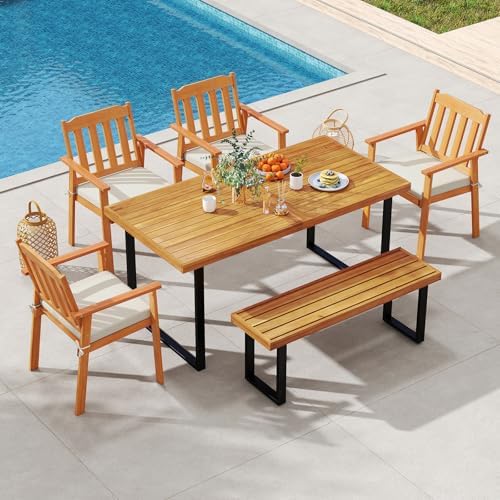 Tangkula 6 Pieces Patio Dining Table Set, 63” Rectangle Acacia Wood Table wit...