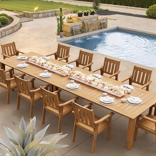 YEFU Outdoor Dining Set for 10, All-Weather HIPS, Aluminum Frame, Teak