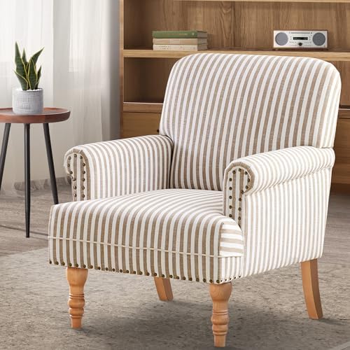 HUIMO Linen Fabric Accent Chair, Mid-Century Modern Armchair with Solid Wood ...