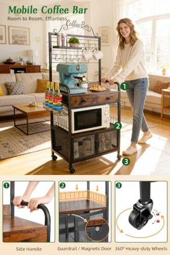 Rolling Coffee Bar Cart for Small Spaces, Coffee Station Cabinet with Storage...