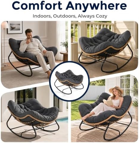 SWITTE Papasan Rocking Chair, Outdoor Wicker Egg Rocker with Cushion, Grey | ...