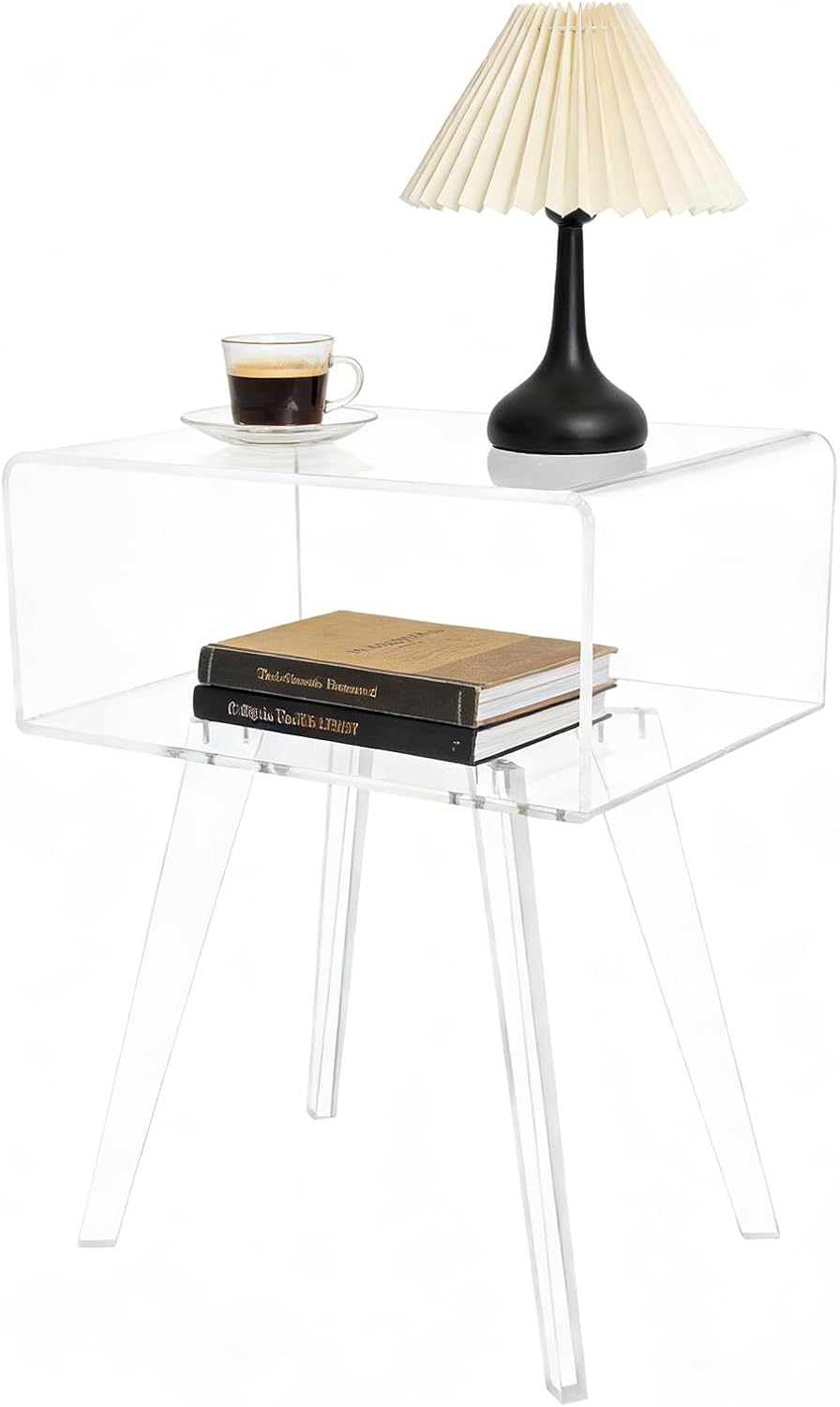 Clear Acrylic Nightstand with 2 Tiers, Modern Transparent Bedside Table, 16.5...