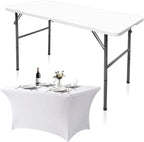 Gocamptoo 4FT Folding Table with Stretch Table Cover,Heavy Duty Plastic Portable Folding Table, 48" Indoor Outdoor Foldable Utility Table for Party, Picnic, BBQ, Buffet, Vendor Booth & Camping （White)