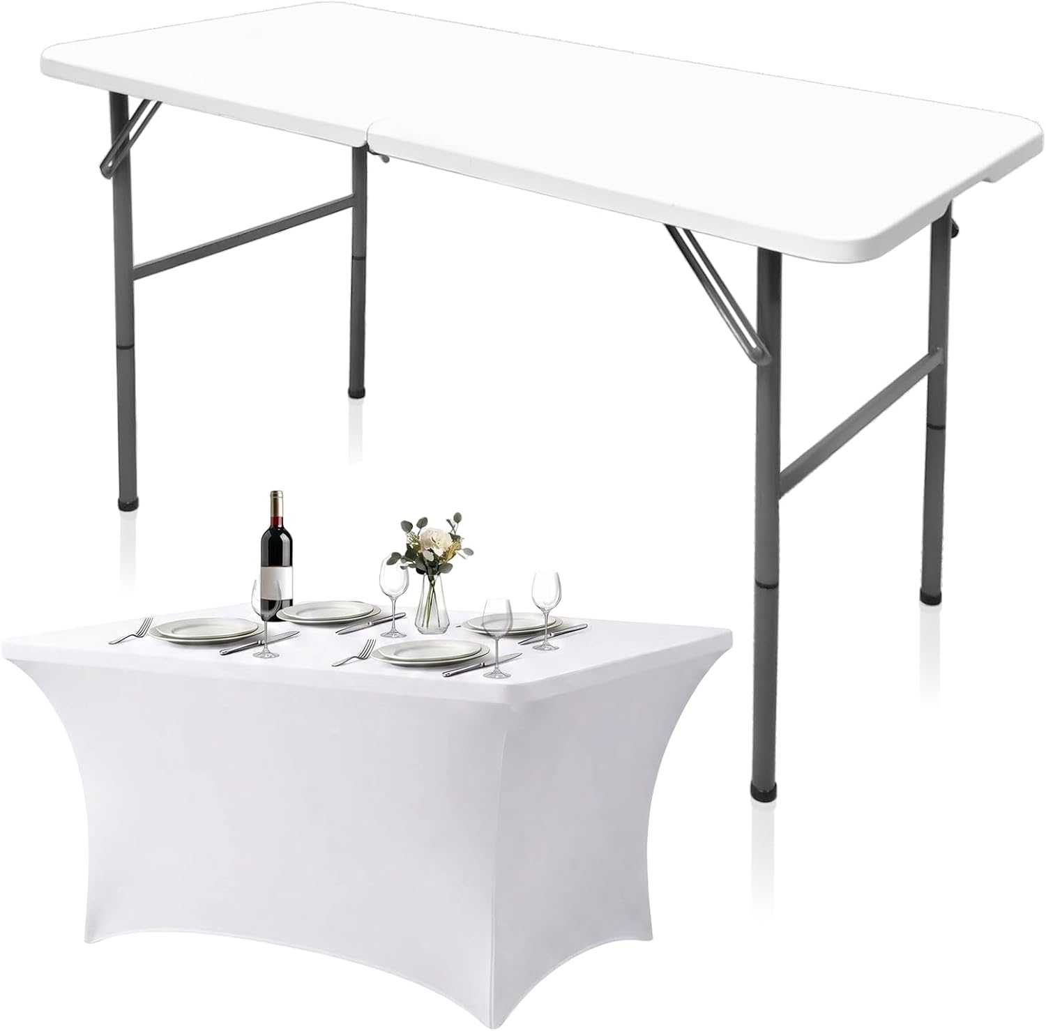 Gocamptoo 4FT Folding Table with Stretch Table Cover,Heavy Duty Plastic Portable Folding Table, 48" Indoor Outdoor Foldable Utility Table for Party, Picnic, BBQ, Buffet, Vendor Booth & Camping （White)