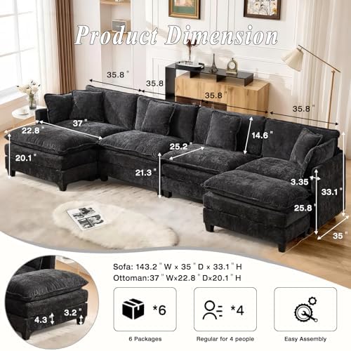 SoarFlash 149.61" Chenille U Shaped Modular Sofa with Ottoman,Black
