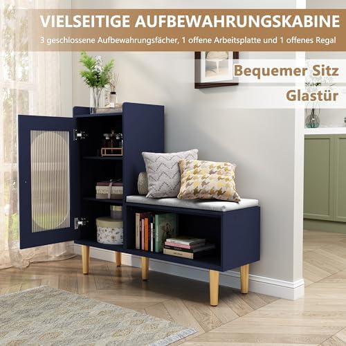HLR Shoe Storage Bench with Glass Door&Shelf, L-Shaped Shoe Cabinet, Blue...