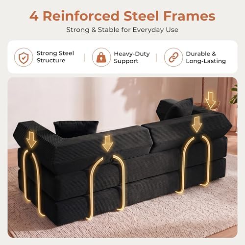 79" Convertible Futon Sofa Bed, Couch for Living Room | Black | 5-in-1 C...