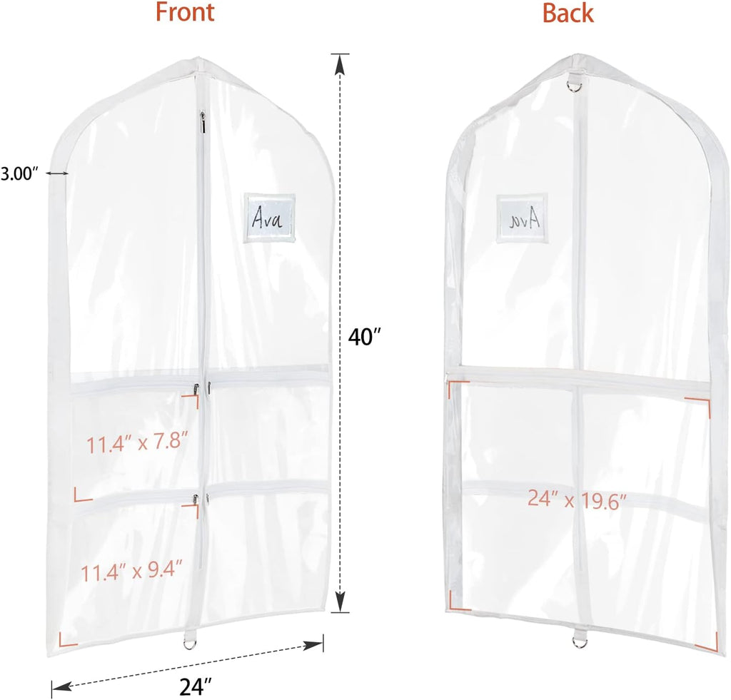 Univivi Clear PVC Dance Costume Bags (3 Pack) Garment Bag 40 Inch for Dance Competitions, with 4 Medium Clear Zipper Pockets and 1 Large Back Zippered Pocket [Upgraded Version] | Breathable Fabric, PVC Window, 4 Clear and 1 Back Zip Pocket, Upgraded