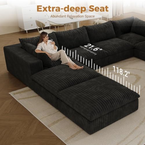 157.6" Corduroy U Shaped Modular Sectional Couch, Black | 8 Seater Overs...