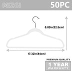 MIZGI Premium Velvet Hangers (50 Pack) Heavy Duty - Non Slip Felt Hangers - White Velvet Suit - Black Coated Hooks,Space Saving Clothes