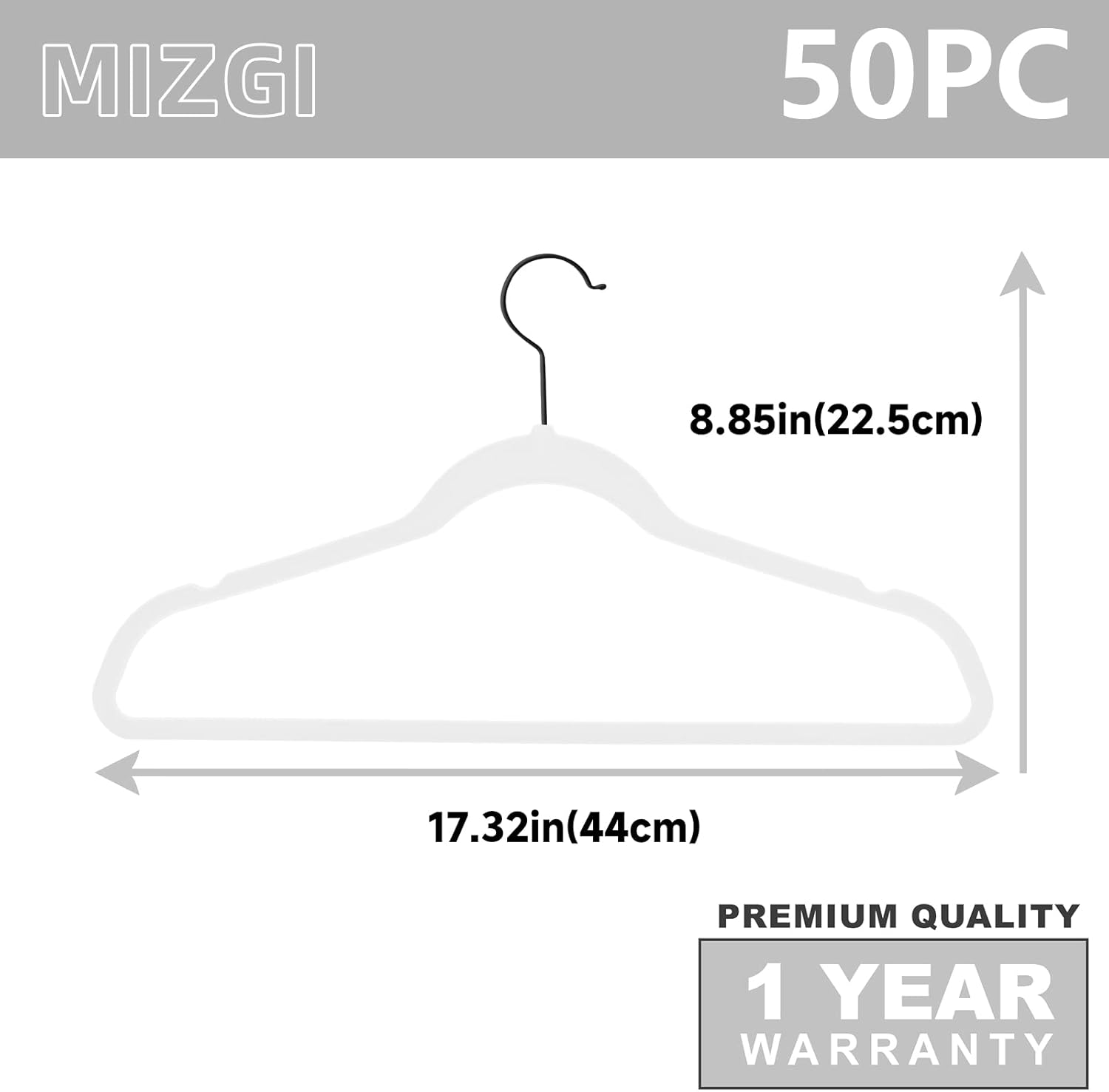 MIZGI Premium Velvet Hangers (50 Pack) Heavy Duty - Non Slip Felt Hangers - White Velvet Suit - Black Coated Hooks,Space Saving Clothes