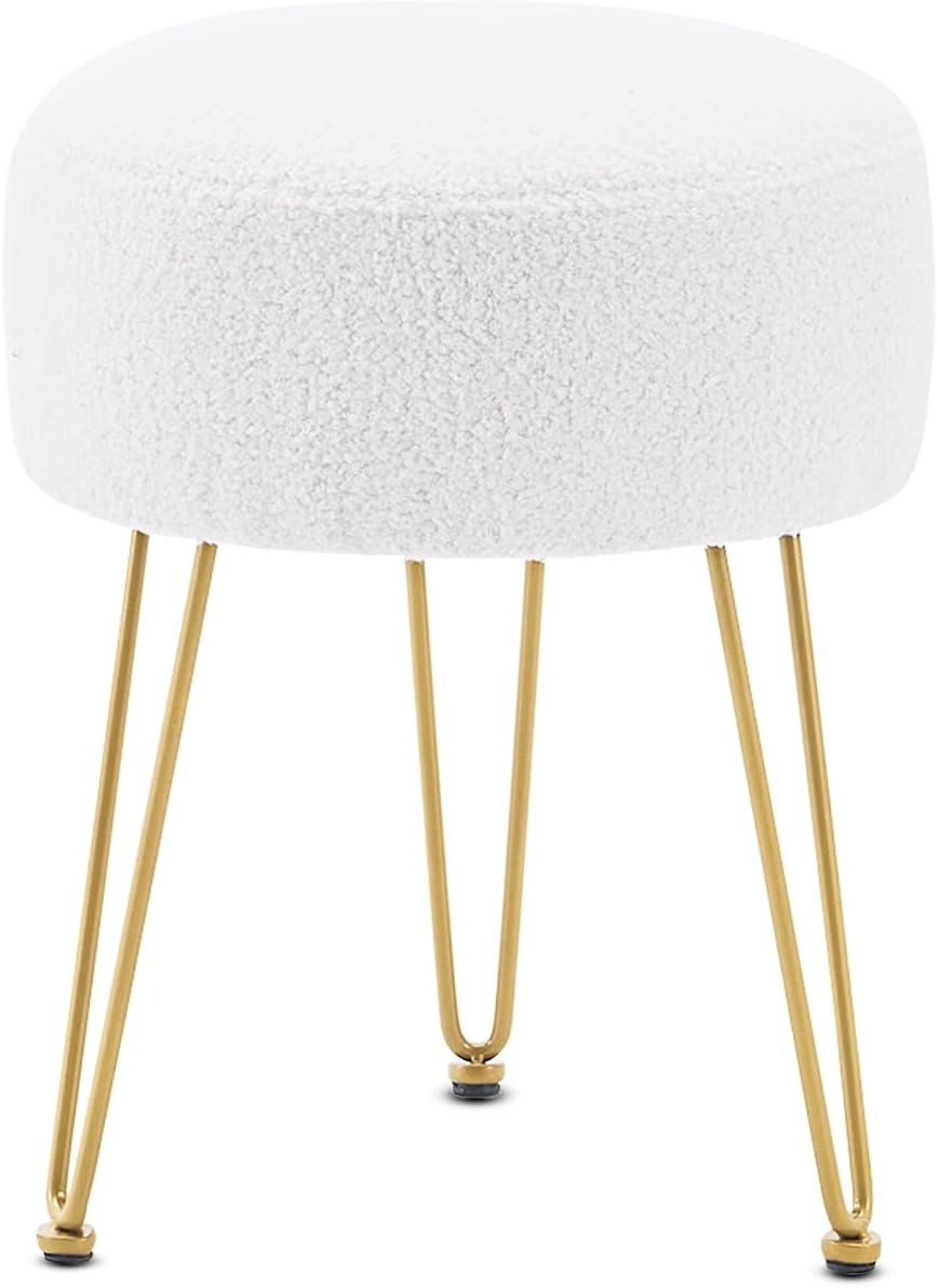 Vanity Stool, Teddy Velvet Ottoman Foot Stool, Dressing Table Seat with Metal Leg Vanity Chair for Bedroom, Living Room, Entryway, Offices
