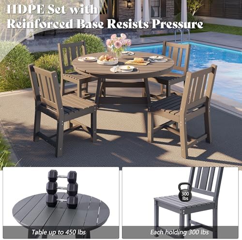 AMERLIFE Outdoor Dining Set for 4, HDPE Round Table and Chairs, Gray