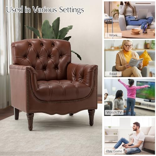 HULALA HOME Mid Century Modern Genuine Leather Accent Chair Set of 2, Brown |...