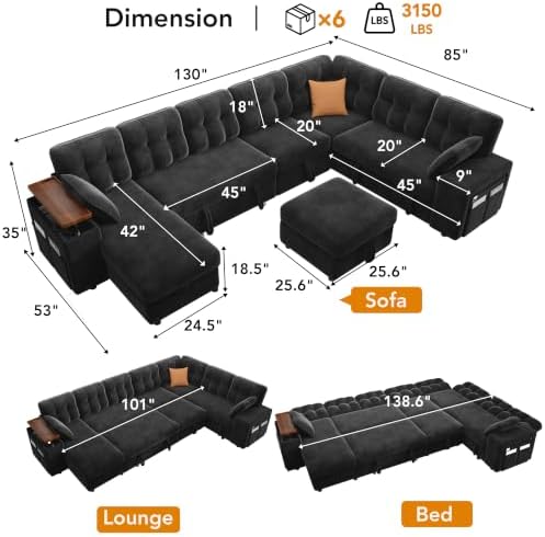 Vipbear 130" Modular Sectional Sleeper Sofa with Pull Out Bed, 9 Seat L ...
