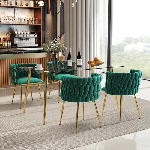 Baysitone 63" Modern Glass Dining Table with 4 Green Velvet Dining Chair...
