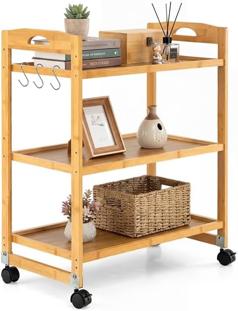 3 Tier Rolling Cart, Bamboo Storage Cart on Wheels with 3 Side Hooks & Ad...