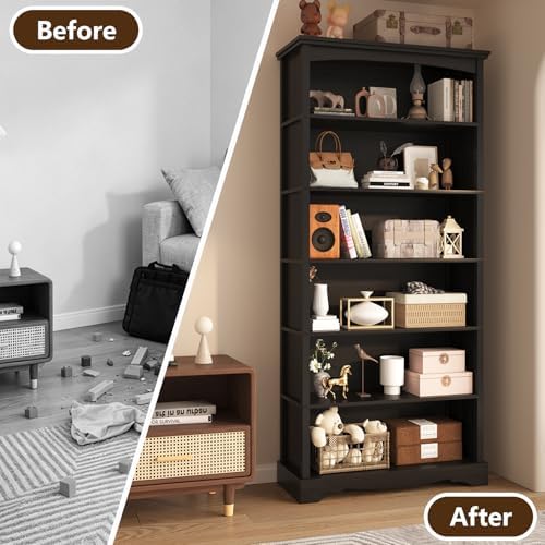 TVU 6-Tier Wooden Bookshelf, 76 Inch Tall Bookshelf with Storage, Floor Stand...