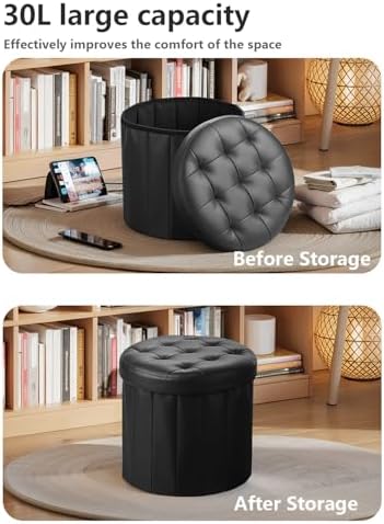 Bsketa Round Storage Ottoman, 14" Folding Leather Foot Rest Stool, Black