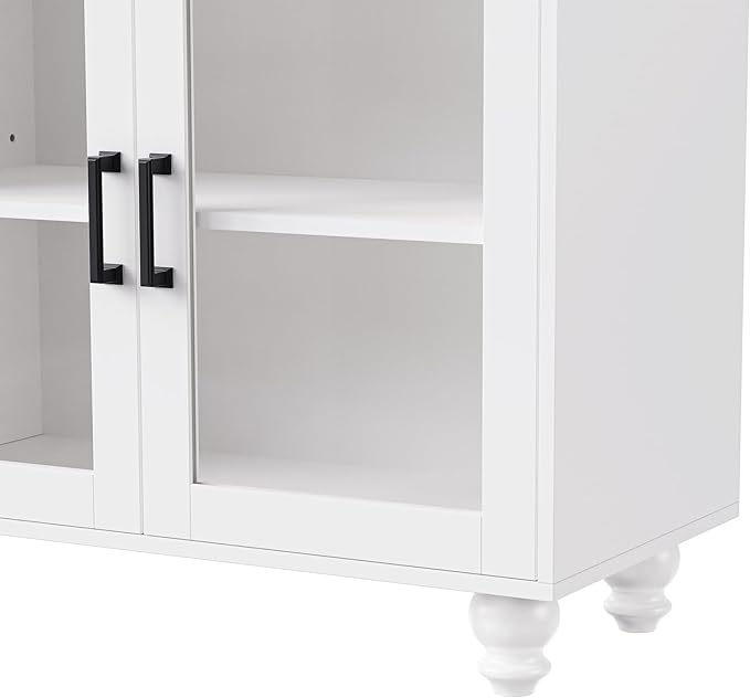 Ball & Cast Farmhouse TV Stand with Tempered Glass Doors for TVs up to 70",Sideboard Buffet w/5 Solid Wood Gourd-Shaped Legs & Adjustable Shelf,Entertainment Center for Living Room,White+Natural