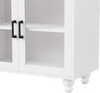 Ball & Cast Farmhouse TV Stand with Tempered Glass Doors for TVs up to 70",Sideboard Buffet w/5 Solid Wood Gourd-Shaped Legs & Adjustable Shelf,Entertainment Center for Living Room,White+Natural