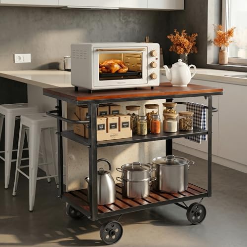 Vintage Rolling Bar Cart on Wheels Industrial Mobile Serving Cart Metal and W...