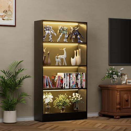 CODACE Tall Wooden 4-Tier Black Bookshelf - Display Cabinet with LED Lights
