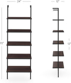 Nathan James Theo 5-Shelf Wood Modern Bookcase, Open Wall Mount Ladder Bookshelf with Industrial Metal Frame, Walnut Brown/Black, Set of 2